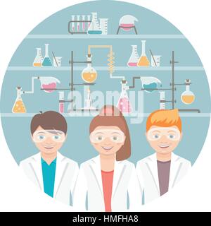 Appartamento moderno illustrazione vettoriale di sorridere i bambini, un gruppo di ragazzi e ragazze in camice da laboratorio e occhiali di sicurezza di fronte alla chemical boccette, lampadine, la vasca di prova Illustrazione Vettoriale