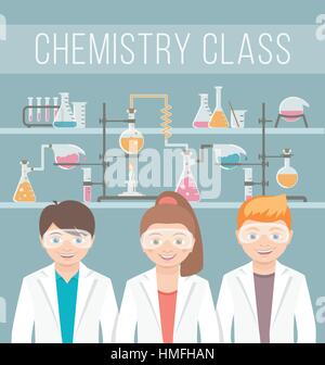 Appartamento moderno illustrazione vettoriale di sorridere i bambini, un gruppo di ragazzi e ragazze in camice da laboratorio e occhiali di sicurezza di fronte alla chemical boccette, lampadine, la vasca di prova Illustrazione Vettoriale