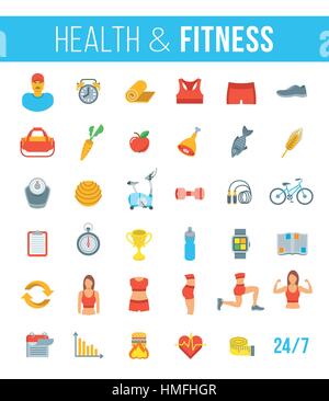 Palestra per il fitness e uno stile di vita sano piatto icone vettoriali. Dieta e nutrizione allenamento di sagomatura, attrezzature fitness, personal trainer, indumenti sportivi elemen infografico Illustrazione Vettoriale