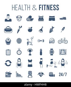 Palestra per il fitness e uno stile di vita sano sagome piane icone vettoriali. Dieta e nutrizione allenamento di sagomatura, attrezzature fitness, personal trainer, sport vestiti infogr Illustrazione Vettoriale