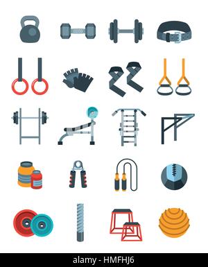 Sollevamento pesi piatto icone vettoriali set. Gli esercizi di bodybuilding attrezzature pittogrammi. Peso di sollevamento di oggetti di formazione. Powerlifting palestra di allenamento elementi. Illustrazione Vettoriale