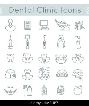Sottile e piatto vettore riga di icone concettuale della clinica dentale servizi, odontostomatologia, odontoiatria, ORTODONZIA, la cura della salute per via orale e igiene, dente restoratio Illustrazione Vettoriale