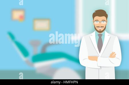 Giovane uomo dentista presso lo studio dentistico. Vettore illustrazione piana con uno sfondo sfocato. Sorridente e simpatico stomatologist medico in ufficio wit Illustrazione Vettoriale