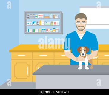 Vettore illustrazione piana del giovane uomo sorridente veterinario tenendo un cane a tavola in ufficio veterinario. Animali domestici cura di salute banner orizzontale. Veteri Illustrazione Vettoriale