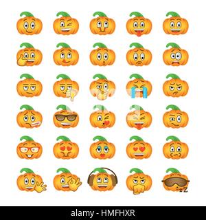 Zucca di Halloween gli Emoji emoticon. Smiley face simbolo vacanze piana icone vettoriali. Viso diverse emozioni ed espressioni. Cartoon carino carattere moo Illustrazione Vettoriale