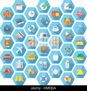 Set di moderno design piatto icone vettoriali di viaggi, vacanze estive, svago, turismo, camping, spiaggia passatempo, viaggio di lavoro, crociera, week-end in famiglia Illustrazione Vettoriale