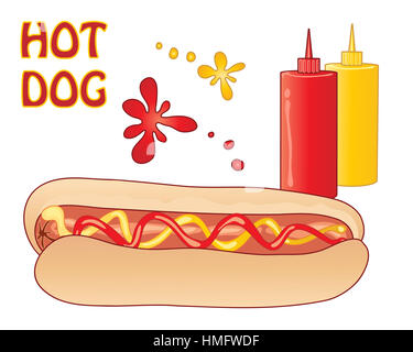 Una illustrazione di un deliziosi hot dog in una pagnotta di pane con ketchup e senape su sfondo bianco Foto Stock
