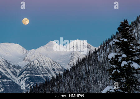 Full Moon Rising over Canadian Rockies; visto dalla gamma esplanada; Selkirk gamma; British Columbia; Canada Foto Stock