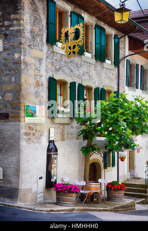 Classico edificio cantina esterno nel vigneto di Lavaux, Epesses, Canton Vaud, Svizzera Foto Stock