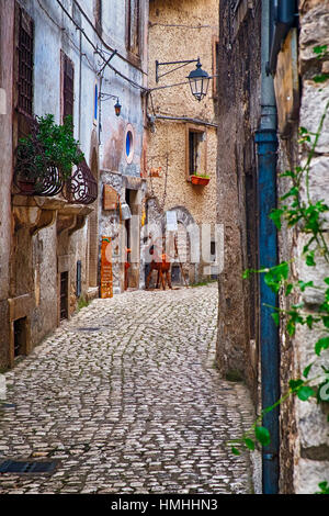 Stretta strada di ciottoli in una città medievale con un negozio di formaggi, Sermoneta, Latina, Italia Foto Stock