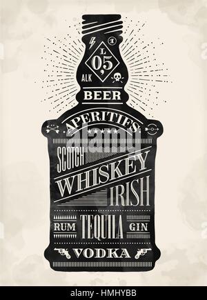 Poster bottiglia di alcool con disegnati a mano scritte Illustrazione Vettoriale