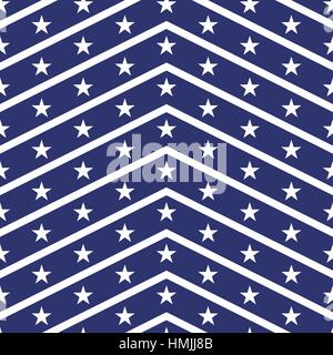 USA patriottica seamless pattern. Bandiera americana simboli e colori. Sfondo per il 4 luglio negli Stati Uniti il giorno di indipendenza. Bianco strisce a zig-zag e stelle su blu Illustrazione Vettoriale