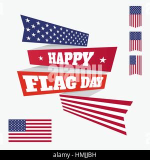 Badge USA flag Day, banner e nastri isolati su sfondo chiaro. Happy Flag Day 14 giugno citazione. Bandiera americana e set di elementi di design. Illustrazione Vettoriale