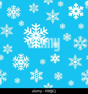 Motivo senza cuciture di fiocchi di neve bianchi su sfondo blu cielo. Texture di avvolgimento stilizzata per le nevicate. Sfondo invernale. Vettore di neve in caduta EPS8 Illustrazione Vettoriale