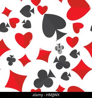 Carte da gioco tute seamless pattern. Cuore, diamante, club e i simboli a forcella casualmente posizionati su bianco sullo sfondo del vettore. Il gioco d'azzardo ripetendo la texture. Illustrazione Vettoriale