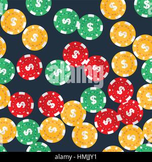 Casino Gambling chips casualmente posizionati su solido scuro dello sfondo. Vector seamless pattern. Ripetere la texture in EPS8 formato. Illustrazione Vettoriale