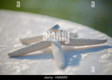 Occhiali di nozze e gli anelli sulle conchiglie e stelle marine. Tavolo con coperchio in pizzo. Foto Stock