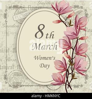 8 marzo lettering biglietto di auguri con bella rosa fiori di magnolia sulla cartolina vintage background. Illustrazione Vettoriale