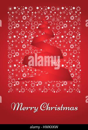 Bella scheda di Natale/poster in un abstract albero di Natale e stelle in bianco e rosso Illustrazione Vettoriale