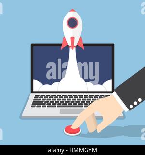 Imprenditore mano premendo il pulsante per il lancio di un razzo dal monitor di un laptop, startup business concept Illustrazione Vettoriale