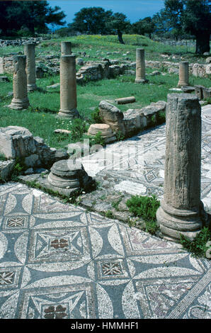 Pietra bizantino pavimento a mosaico che mostra design geometrico o modelli presso le rovine di epoca bizantina Agia Trias Basilica o chiesa della Santa Trinità, vicino Sipahi, la parte settentrionale di Cipro Foto Stock