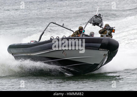 DEN Helder, Paesi Bassi - 23 giugno: Olandese Marines in un motoscafo durante un assalto dimostrazione presso la marina olandese giorni a giugno 23, 2013 a Den Helder, il Foto Stock