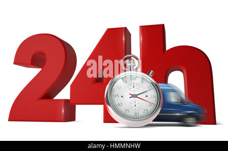 Consegna rapida concetto con parole 24hrs, Express furgoncino e un cronometro isolati su sfondo bianco. - 3D Render Foto Stock