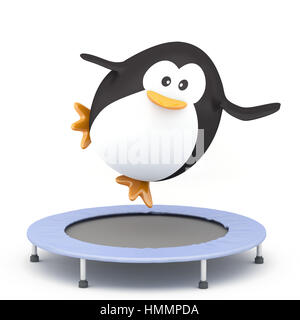 Fat penguin saltando sul trampolino - 3D render Foto Stock