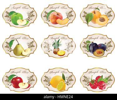 Etichette con l'immagine di Apple, pesca, albicocca, prugna, ananas, pera, lampone, limone Illustrazione Vettoriale