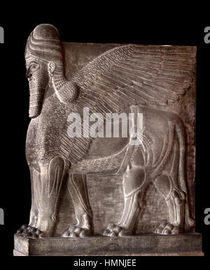 Lamassu assiro (umana con testa di toro alato), Ninive antica città della Mesopotamia superiore, (Mosul Iraq) capitale Neo Impero Assiro, (l'Assiria 2500 BC-612 BC) Foto Stock