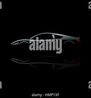 Argento brillante auto sportive su sfondo nero con rosso e la luce bianca. Illustrazione Vettoriale