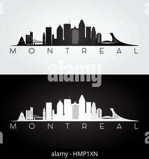 Lo skyline di Montreal e i punti di riferimento silhouette, design in bianco e nero, illustrazione vettoriale. Illustrazione Vettoriale