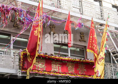 Banner e bandiere, Chinatown, NYC, STATI UNITI D'AMERICA Foto Stock