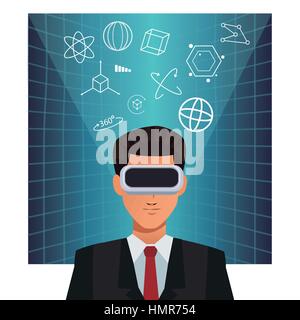L uomo indossa business di realtà aumentata sullo sfondo del dispositivo Illustrazione Vettoriale