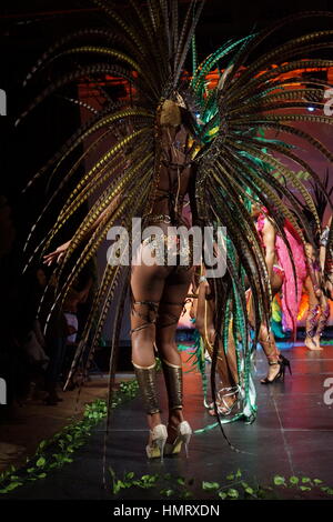 Il Tabernacolo, Powis Square, Notting Hill. 4 febbraio 2017. Bacchanalia Mas Band svela i costumi SLITHER per il Carnevale di Notting Hill 2017. Uno stravaganza ispirato ai serpenti è in viaggio con la Bacchanalia Mas Band al Carnevale di Notting Hill il lunedì festivo di agosto 2017© Peter Hogan/Alamy Live News Foto Stock