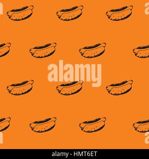 Hotdog seamless pattern sfondo. Fast food texture continua con disegnati a mano hot dog con senape o maionese. EPS8 illustrazione vettoriale con p Illustrazione Vettoriale