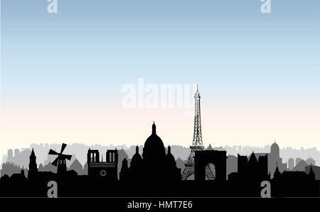 Parigi lo skyline della citta'. francese paesaggio urbano. Parigi cityscape con punti di riferimento. viaggiare in Francia sfondo. vacanze in Europa wallpaper con edifici silh Illustrazione Vettoriale