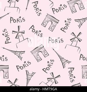 Parigi Punti di riferimento della città e lettere manoscritte parigi seamless pattern. viaggiare in Francia Sfondo piastrelle Illustrazione Vettoriale