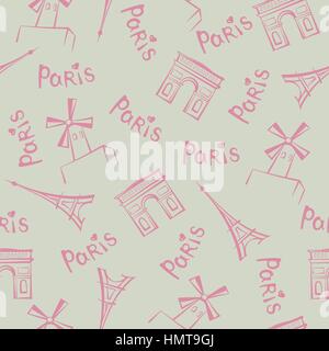 Parigi Punti di riferimento della città e lettere manoscritte parigi seamless pattern. viaggiare in Francia Sfondo piastrelle Illustrazione Vettoriale