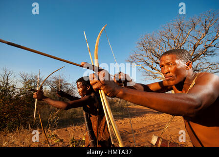 Ju/'Hoansi o Boscimani San hunter simula una battuta di caccia con arco e frecce al loro villaggio, Grashoek, Namíbia Foto Stock