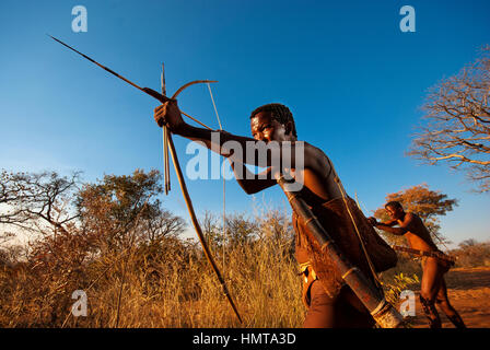 Ju/'Hoansi o Boscimani San hunter simula una battuta di caccia con arco e frecce al loro villaggio, Grashoek, Namíbia Foto Stock