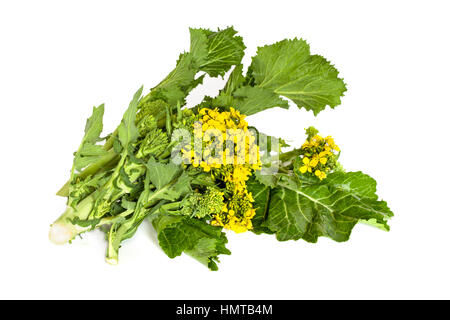 Broccoli freschi rabe, foglie e infiorescenza, isolato su sfondo bianco. Foto Stock