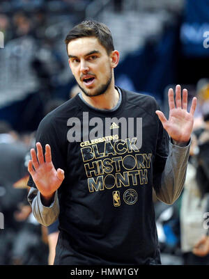 Washington, Stati Uniti. 05 feb 2017. Ceca giocatore di basket Tomas Satoransky di Washington Wizards in azione durante la sessione di formazione prima dell'NBA Basketball partita contro New Orleans pellicani in Washington, Stati Uniti d'America, 5 febbraio 2017. Credito: David Svab/CTK foto/Alamy Live News Foto Stock