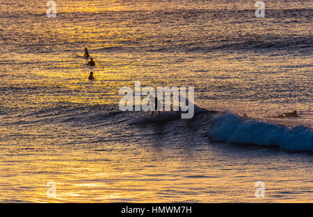 I surfisti al tramonto su Fistral Beach, Newquay, Cornwall, Regno Unito Foto Stock