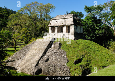 Antica città di Palenque si siede come un re su di un trono di foresta dove la pianura incontra montagne, Messico Foto Stock