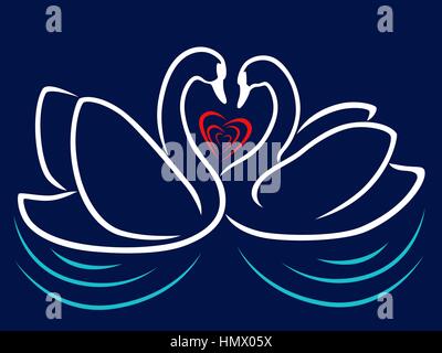 Amare giovane dei cigni galleggianti sull'acqua e cuore rosso tra loro, Valentino stilizzata illustrazione vettoriale Illustrazione Vettoriale