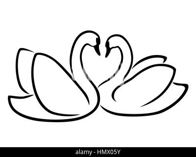 Amorevole coppia di cigni stilizzati Valentino contorno del vettore Illustrazione Vettoriale
