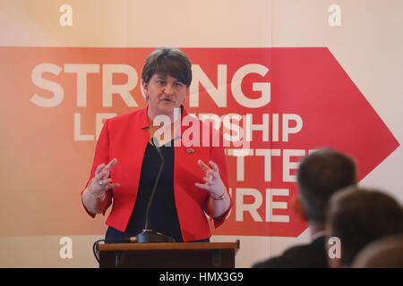 DUP leader Arlene Foster fa un discorso a casa Brownlow in LURGAN, CO ARMAGH, per lanciare il partito della campagna per il Northern Ireland Assembly elezione. Foto Stock