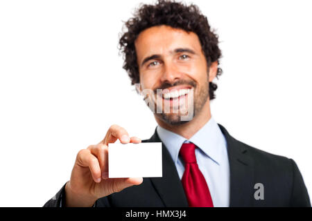 Uomo d'affari di consegnare un fustellato business card isolato Foto Stock