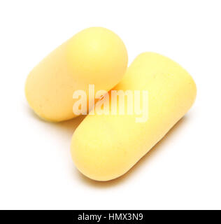 Due tappi per le orecchie del giallo isolato su sfondo bianco Foto Stock